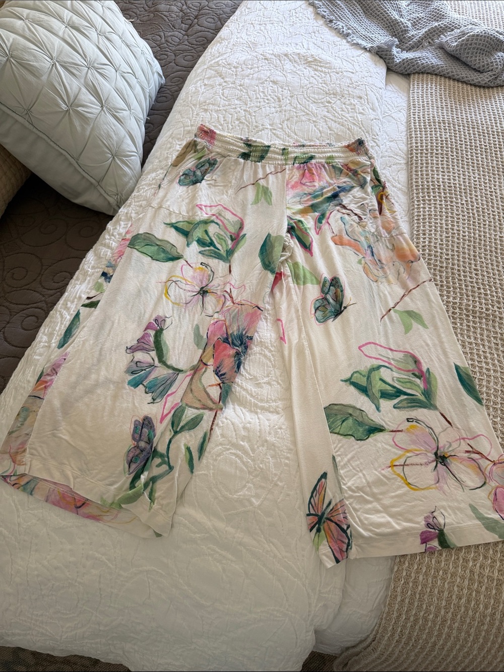 Soma Cream Wide-Leg Pajama Pants with Pastel Floral & Green Leaf Print